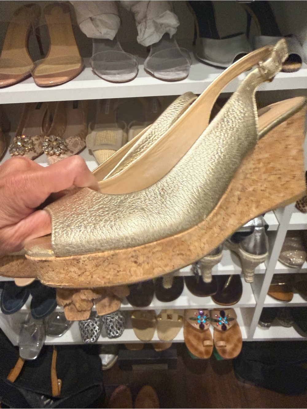 Gold Metallic Cork Wedge Slingback Sandals - Women